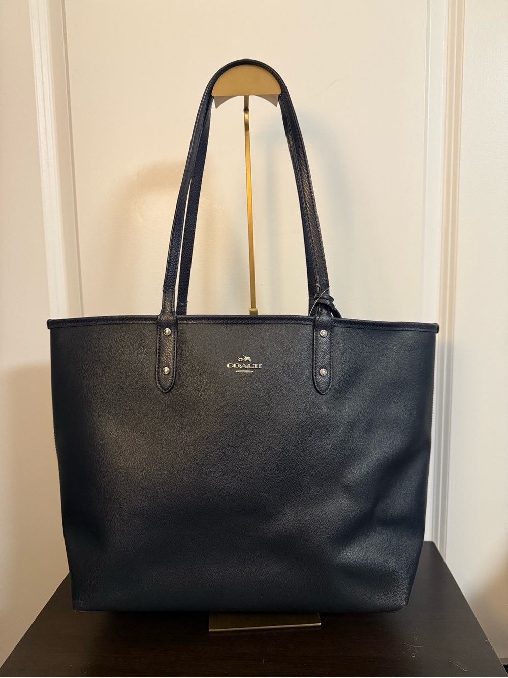 Coach Navy Blue Leather Tote Bag - Signature Logo
